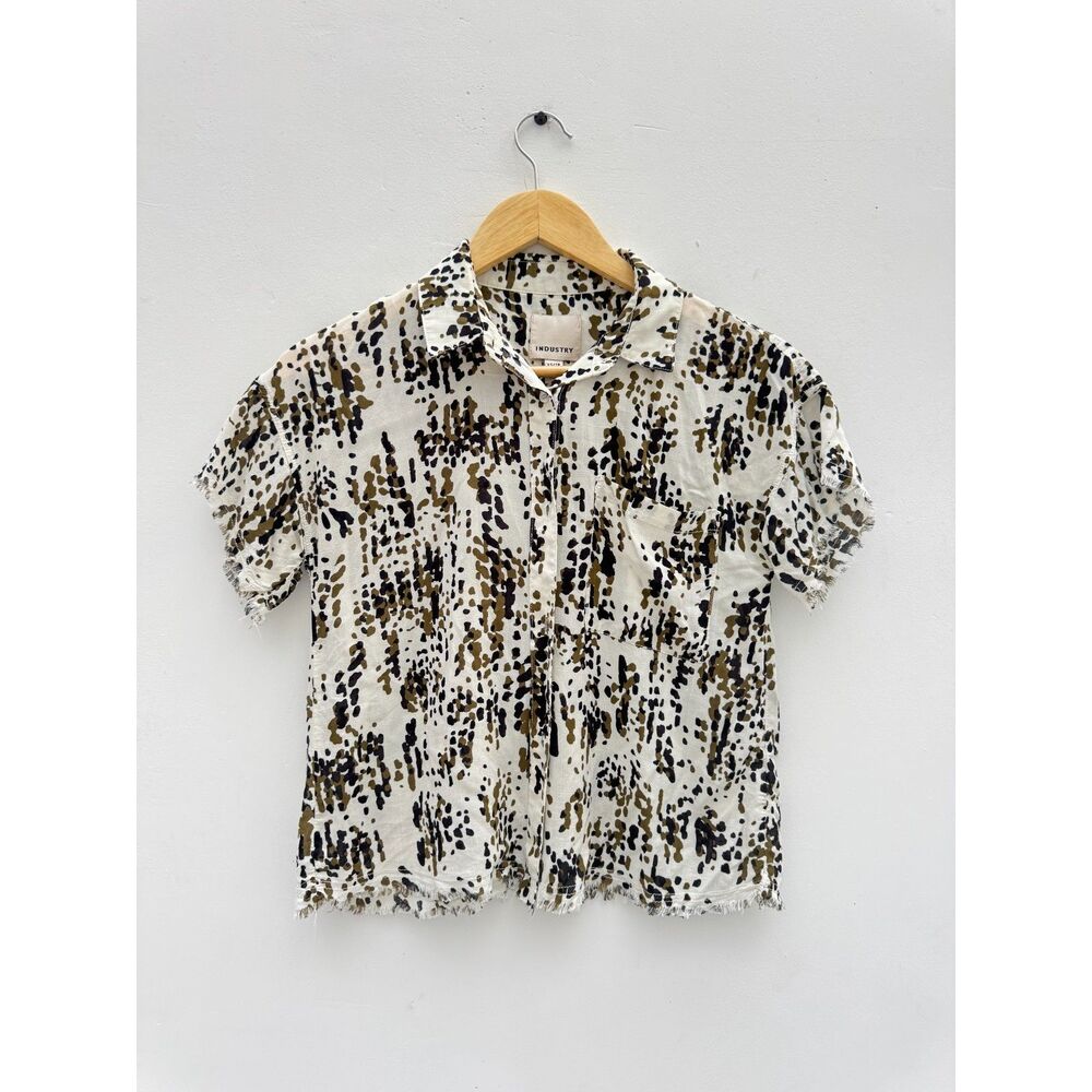 Industry Republic Frayed Hem Rayon Blouse Olive Black Crop Top XS